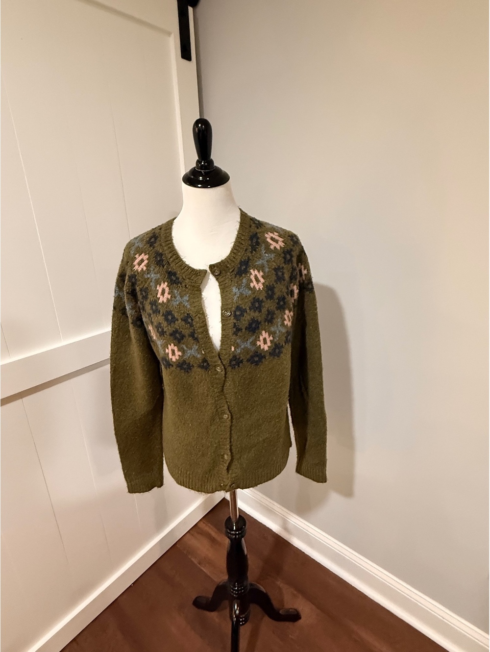 NYDJ Women's Olive Green Wool Blend Cardigan with Floral Pattern Size M